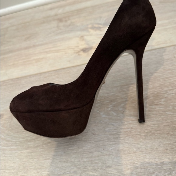 $845 SERGIO ROSSI Dark Chocolate Brown Suede Peep Toe Platform Heels Pumps 39.5 - Picture 10 of 14